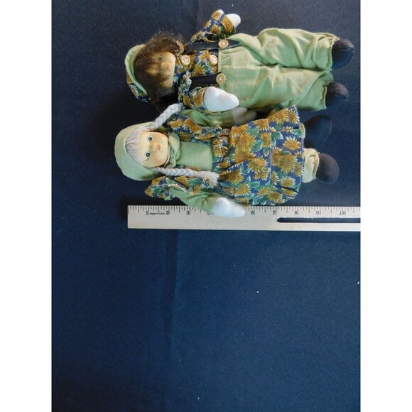 Vintage Boy & Girl Porcelain Cloth Dolls Sunflower Outfits Farmhouse Decor - Picture 9 of 9